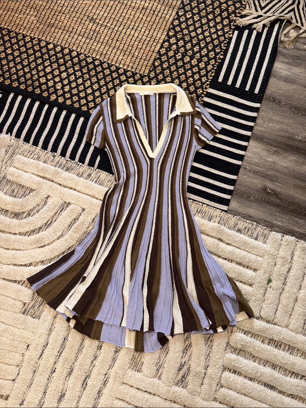 Zara Brown, Lavender & Cream Striped Polo Knit Fit-and-Flare Dress